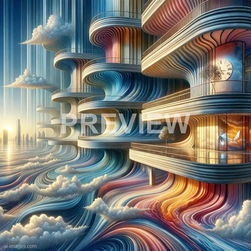 The image depicts a futuristic architectural scene with a series of large, curving, and layered buildings that resemble swirling waves or clouds. The structures have a smooth, flowing design with vibrant colors, and some balconies feature small trees, while large windows reflect the sky and clouds. The background shows a city skyline with tall, modern skyscrapers, and the entire scene is bathed in warm, golden light, creating a surreal and dynamic atmosphere.